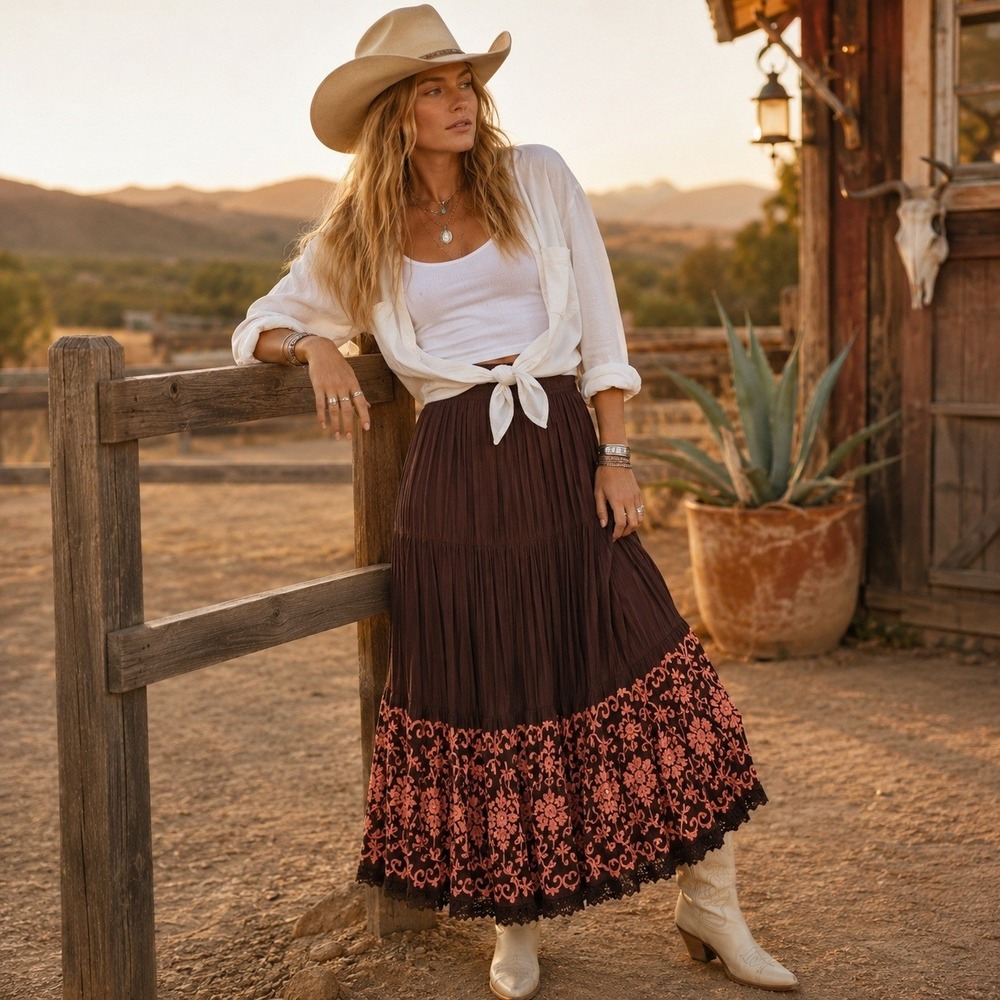 Double D Ranchwear Embroidered Fringe Maxi Skirt Womens L Brown Boho Western
